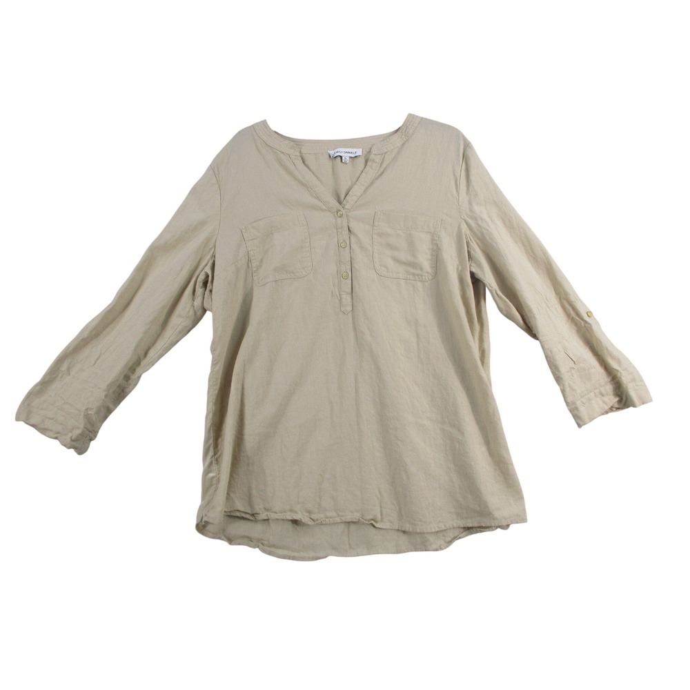Emily Daniels Womens XL Tan Linen‎ Blend Henley Blouse Long Sleeve Pocket Top